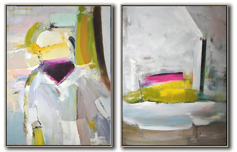 Large Contemporary Art Acrylic Painting,Set Of 2 Contemporary Art On Canvas,Acrylic Painting Wall Art,Grey,Pink,Yellow.Etc